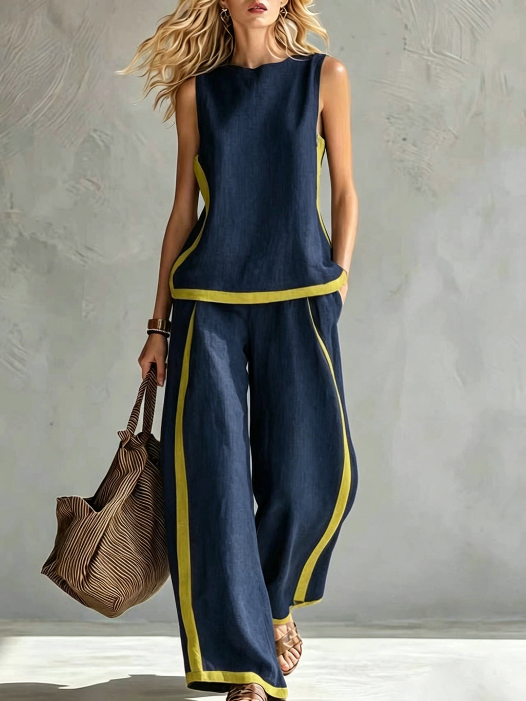Conjunto Mujer con Pantalón Palazzo Contraste Amarillo Casual Elegante Verano