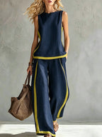 Conjunto Mujer con Pantalón Palazzo Contraste Amarillo Casual Elegante Verano