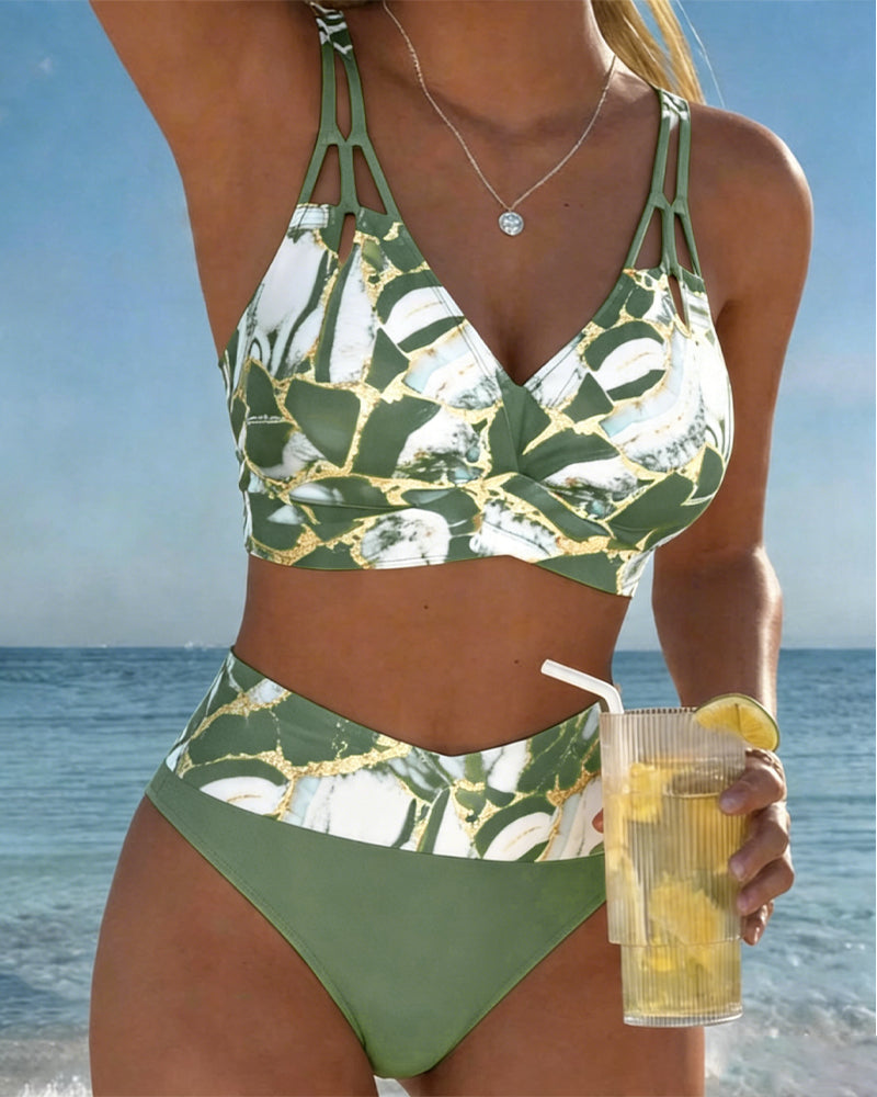 Bikini 2 Piezas Estampado Mármol Dorado Negro Tirantes Dobles Cruzados Top Triángulo Playa Mujer