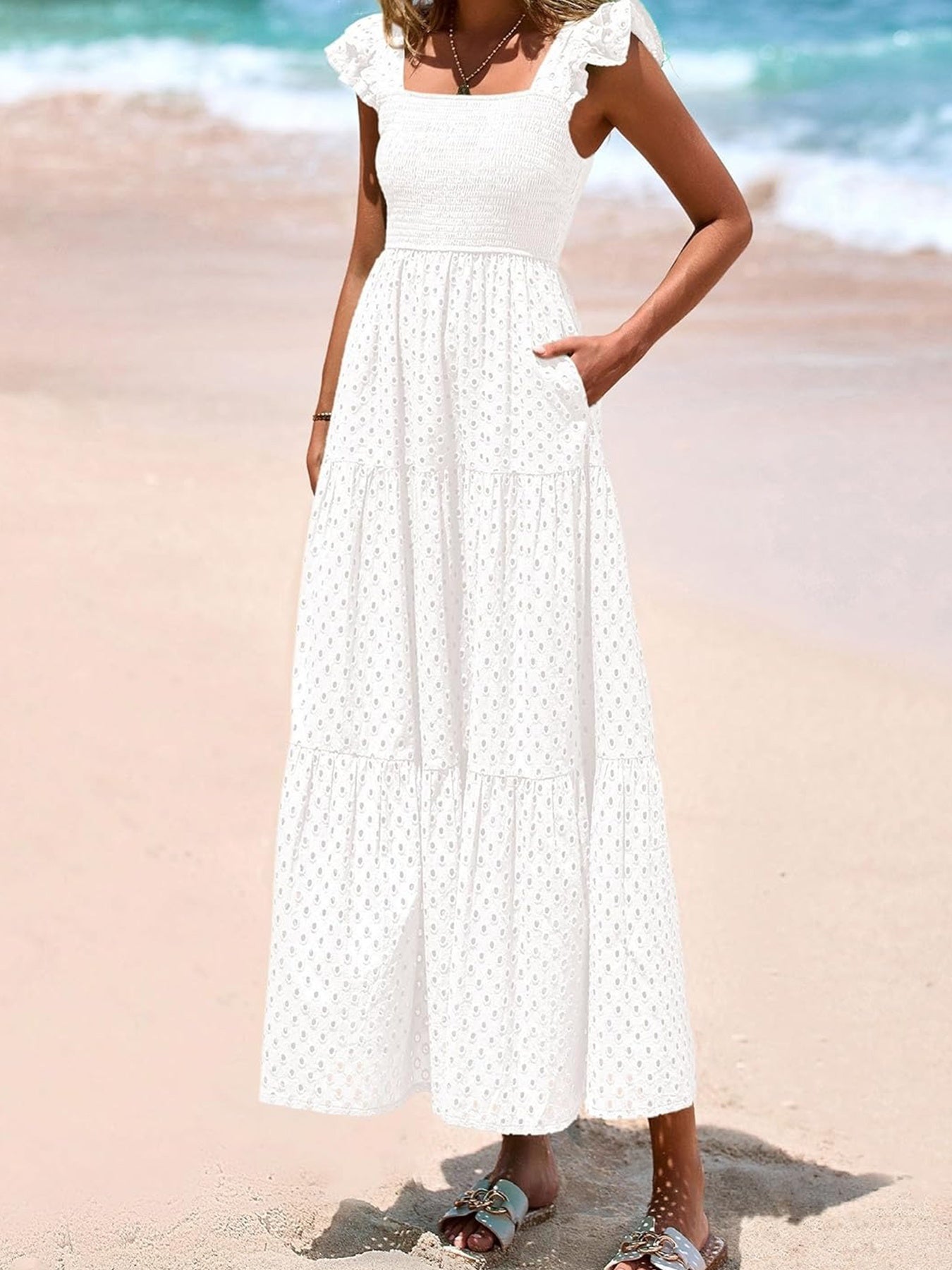 Elegante Vestido Midi de Verano para Mujer con Cuello Cuadrado, Manga Abullonada, Detalles de Encaje y Falda en A con Capas y Bolsillos - Color Sólido, Diseño Fluido Adecuado para Ocasiones Casuales o Formales, Vestido Largo Fluido sin Mangas