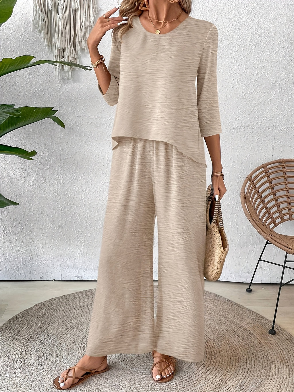 Conjunto 2 Piezas Top Crochet Espalda Manga 3/4 Pantalón Palazzo Casual Boho Mujer