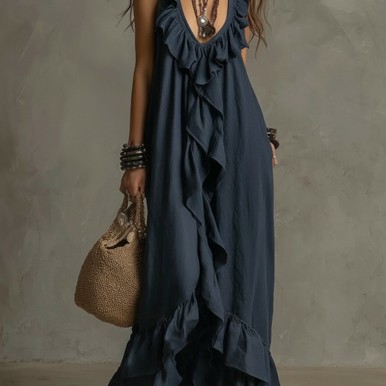 Vestido Maxi Negro Volantes Escote V Profundo Sin Manga Boho Chic Playa Noche Mujer Elegante