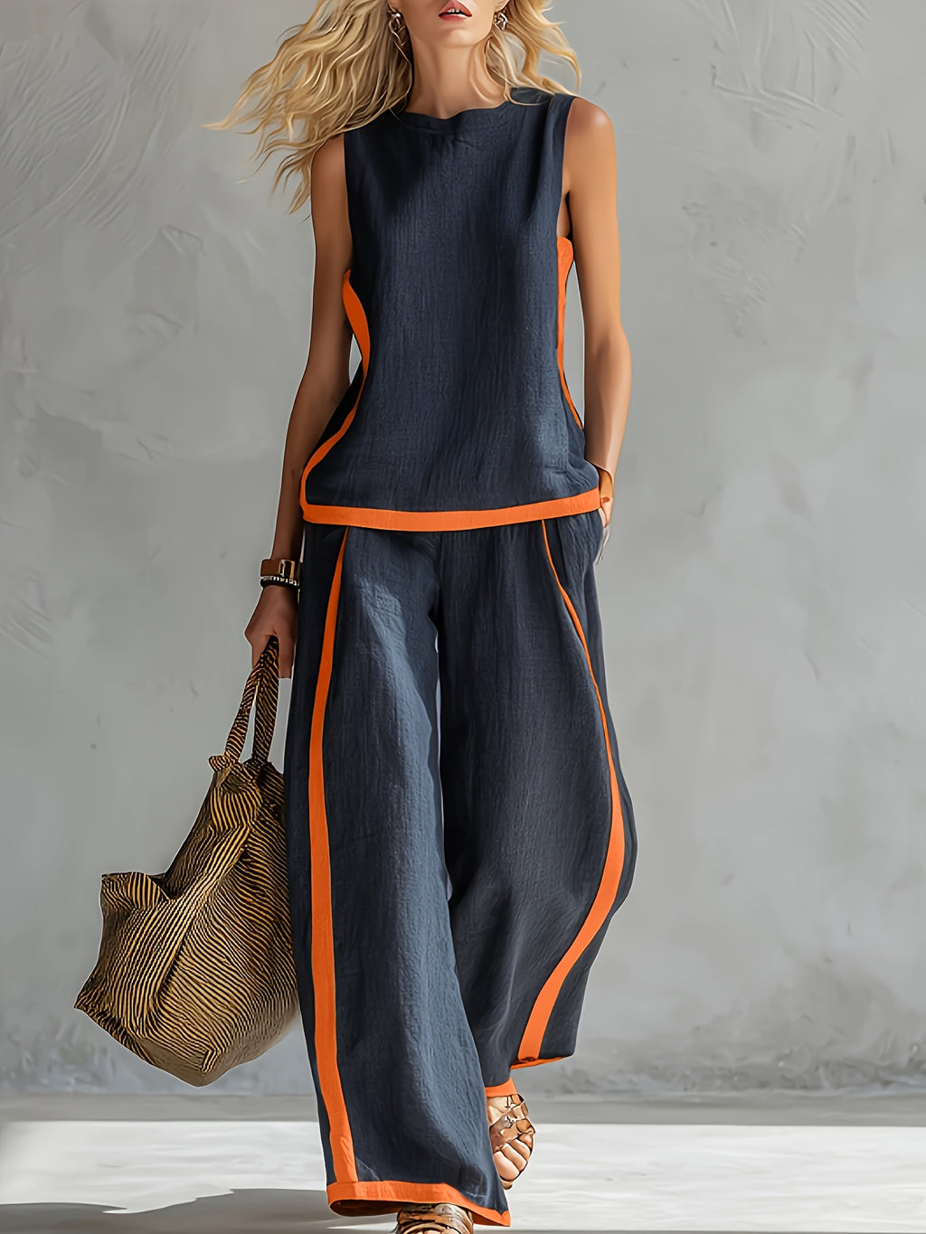 Conjunto Mujer con Pantalón Palazzo de Lino Ligero y Detalles Mostaza Casual Verano