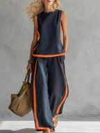 Conjunto Mujer con Pantalón Palazzo de Lino Ligero y Detalles Mostaza Casual Verano