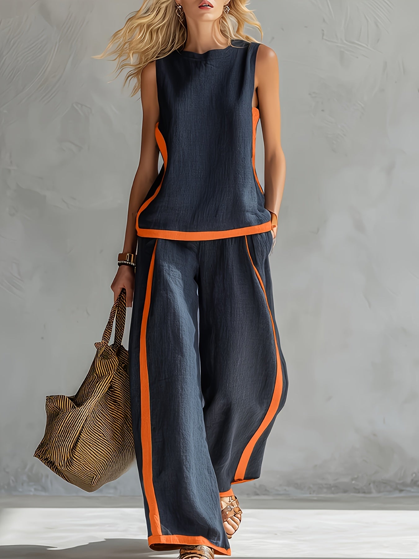Conjunto Mujer con Pantalón Palazzo de Lino Ligero y Detalles Mostaza Casual Verano