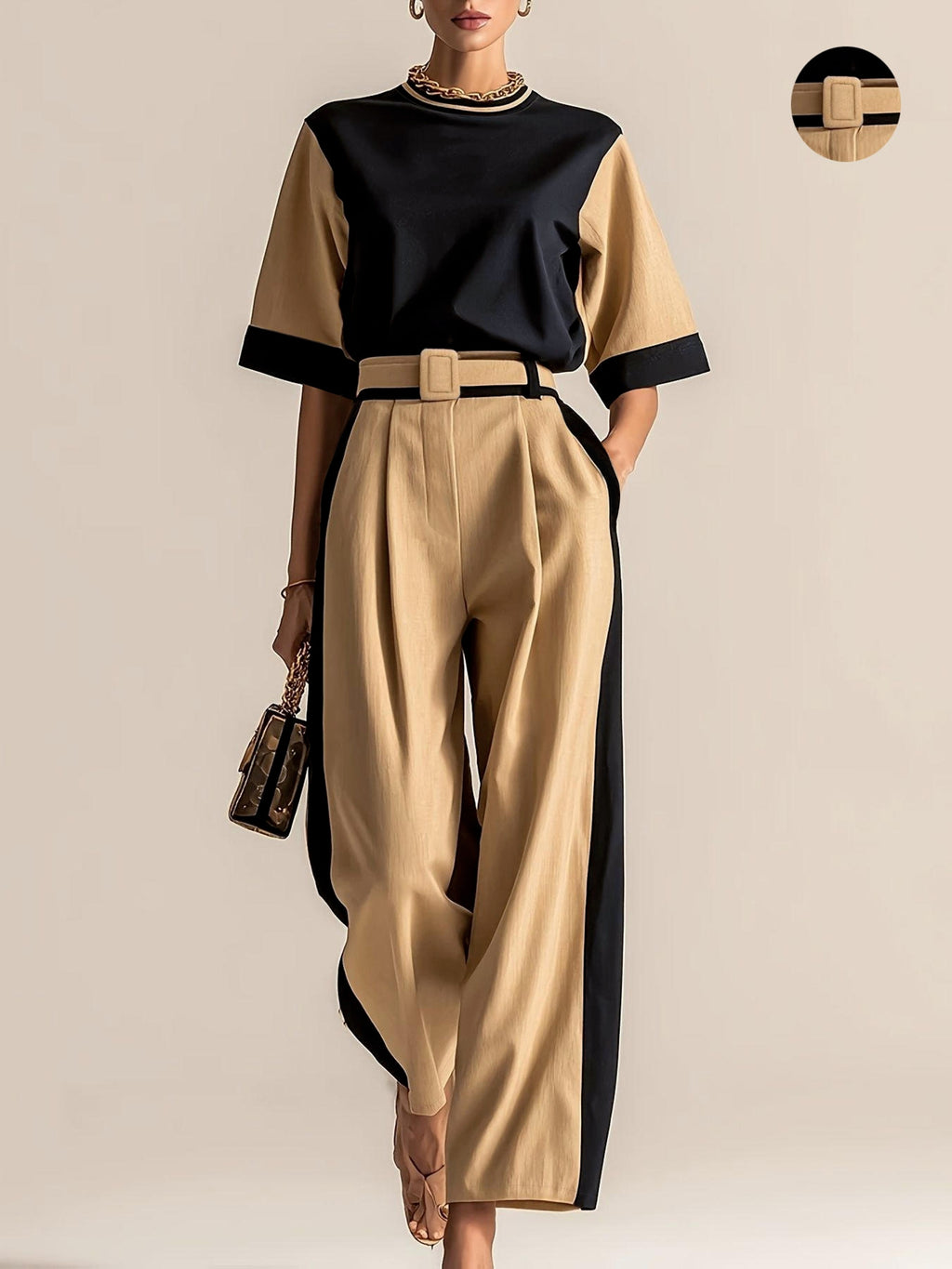 Conjunto 3 Piezas Negro Camel Color Block Top Oversize Pantalón Palazzo con Cinturón Elegante Mujer