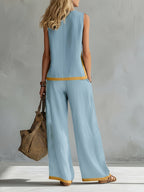 Conjunto Mujer con Pantalón Palazzo de Lino Ligero y Detalles Mostaza Casual Verano