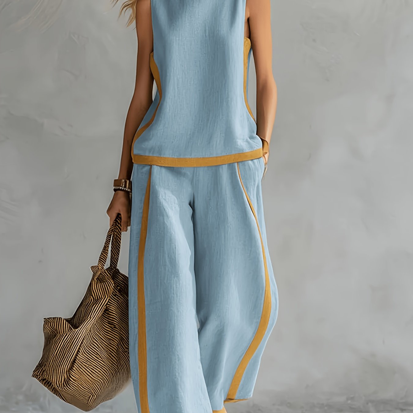 Conjunto Mujer con Pantalón Palazzo de Lino Ligero y Detalles Mostaza Casual Verano