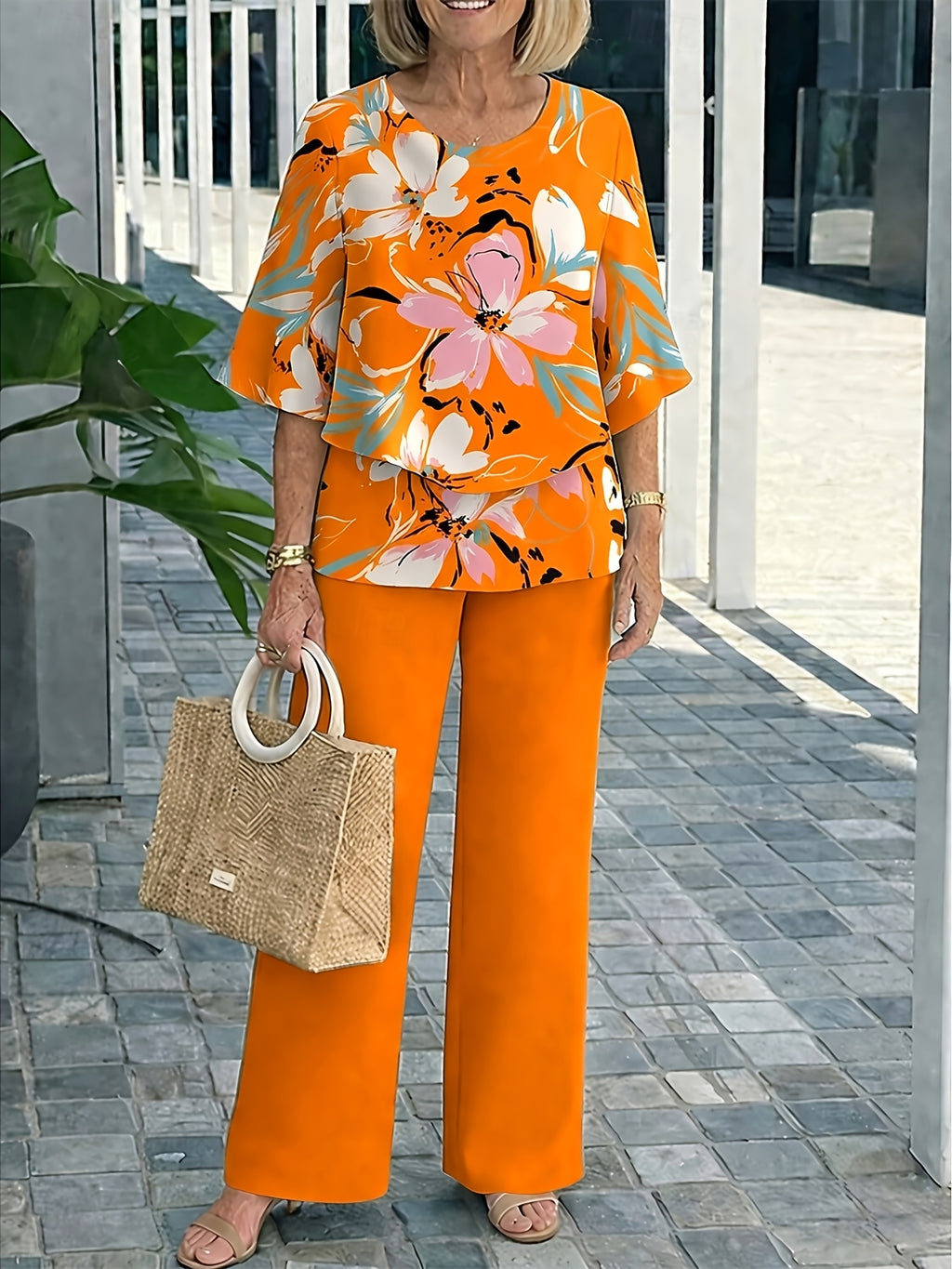 Conjunto 2 Piezas Verde Menta Blusa Floral Manga 3/4 y Pantalón Palazzo Casual Elegante Mujer