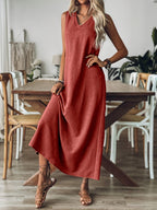 Vestido Largo Sin Mangas Terracota Casual Elegante de Lino Suelto para Verano Mujer