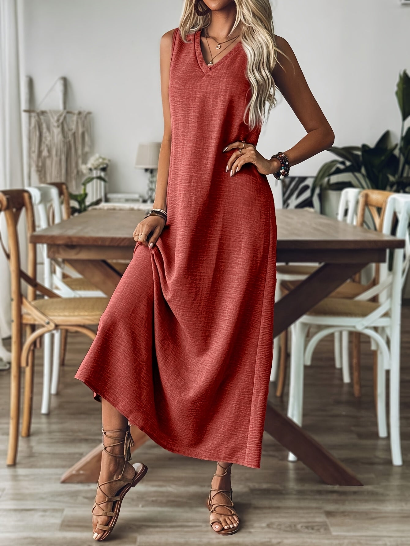 Vestido Largo Sin Mangas Terracota Casual Elegante de Lino Suelto para Verano Mujer