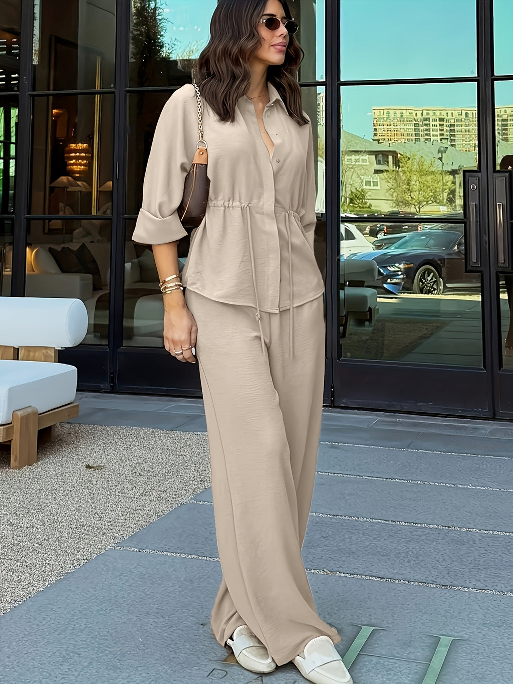 Conjunto Mujer Lino con Pantalón Palazzo Cintura Ajustable Casual Elegante
