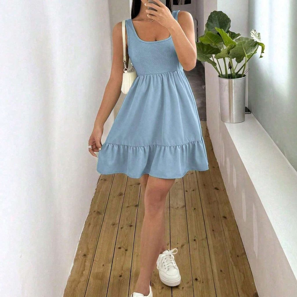 Vestido Corto Casual Sin Mangas Vino Corte Babydoll con Volante Ligero para Mujer