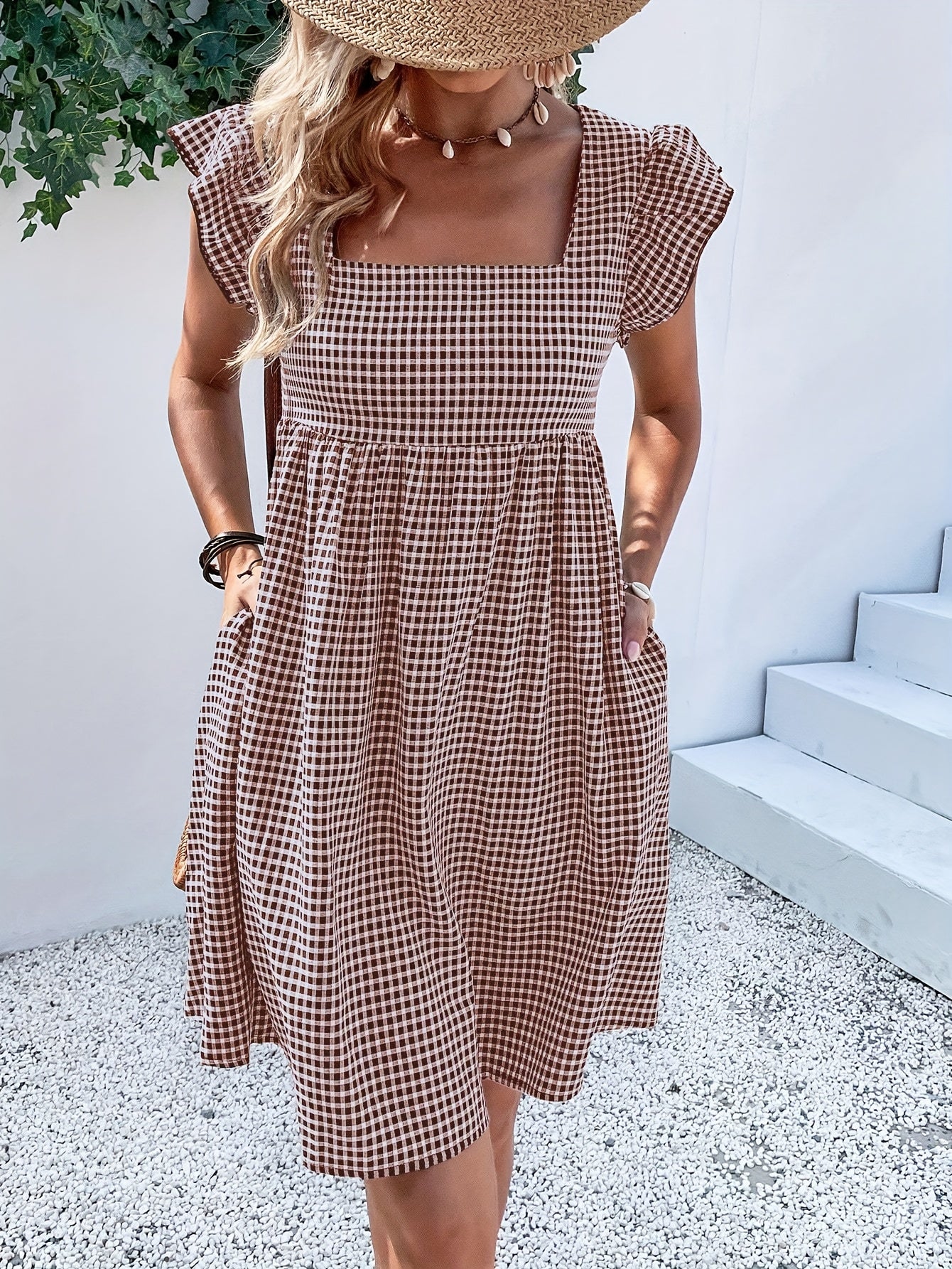 Vestido de Mujer, Vestido Corto con Cuello Cuadrado y Diseño de Cubierta a Cuadros para Vacaciones y Playa