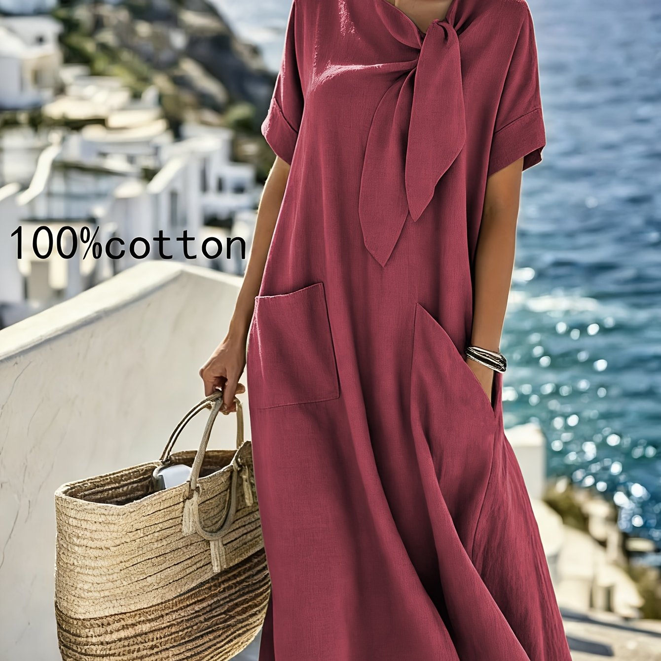 Vestido Midi Negro 100% Algodón Manga Corta Lazo Frontal con Bolsillos Casual Elegante Mujer