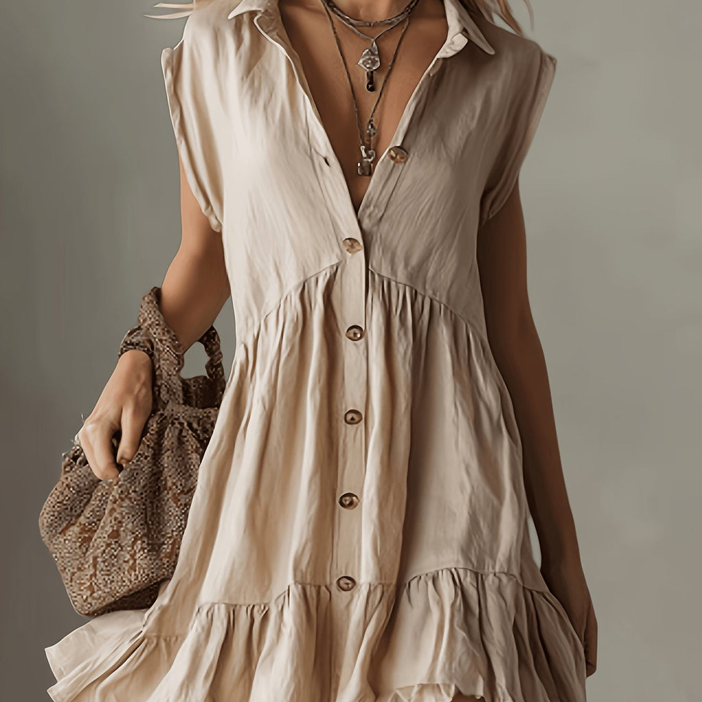 Vestido mini elegante y cómodo para mujer, color albaricoque, hombros anchos, sin mangas, moda especial