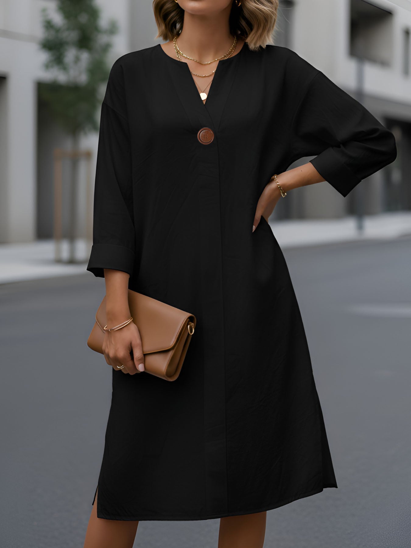 Vestido Midi Negro Algodón Manga 3/4 Escote en V Casual Holgado con Abertura Lateral para Mujer