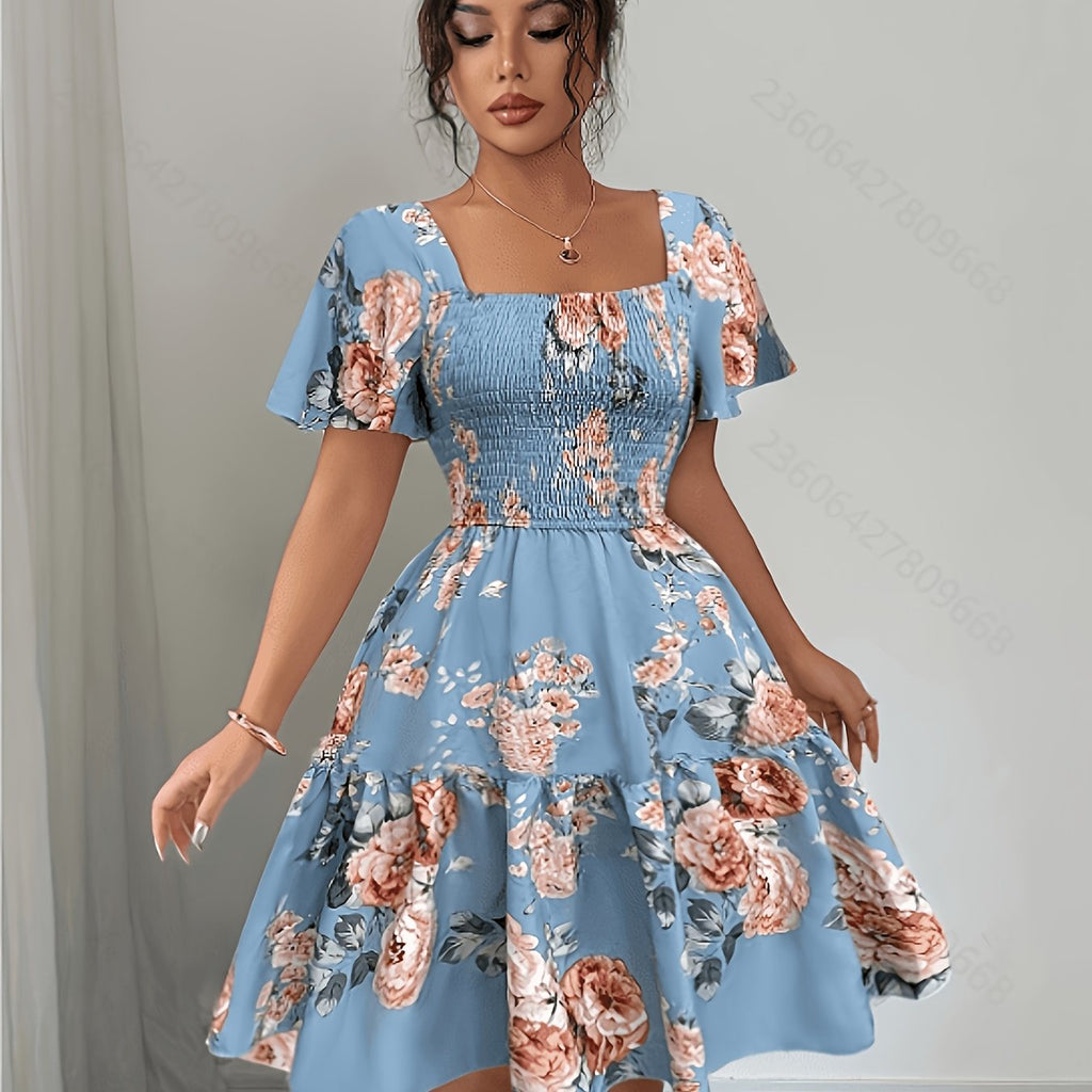 Vestido Corto de Vacaciones de Verano con Estampado Floral y Cintura Ajustada