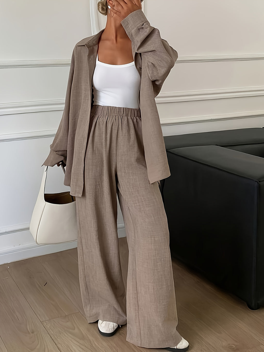 Conjunto Mujer Camisa Oversize y Pantalón Palazzo Casual Elegante de Lino para Oficina, Viaje y Verano