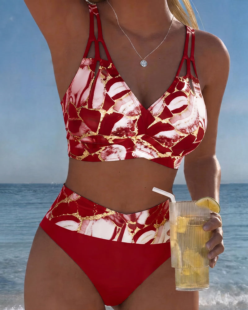 Bikini 2 Piezas Estampado Mármol Dorado Negro Tirantes Dobles Cruzados Top Triángulo Playa Mujer