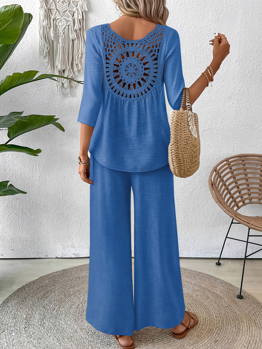 Conjunto 2 Piezas Top Crochet Espalda Manga 3/4 Pantalón Palazzo Casual Boho Mujer