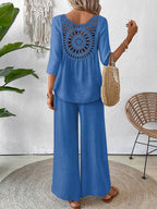Conjunto 2 Piezas Top Crochet Espalda Manga 3/4 Pantalón Palazzo Casual Boho Mujer