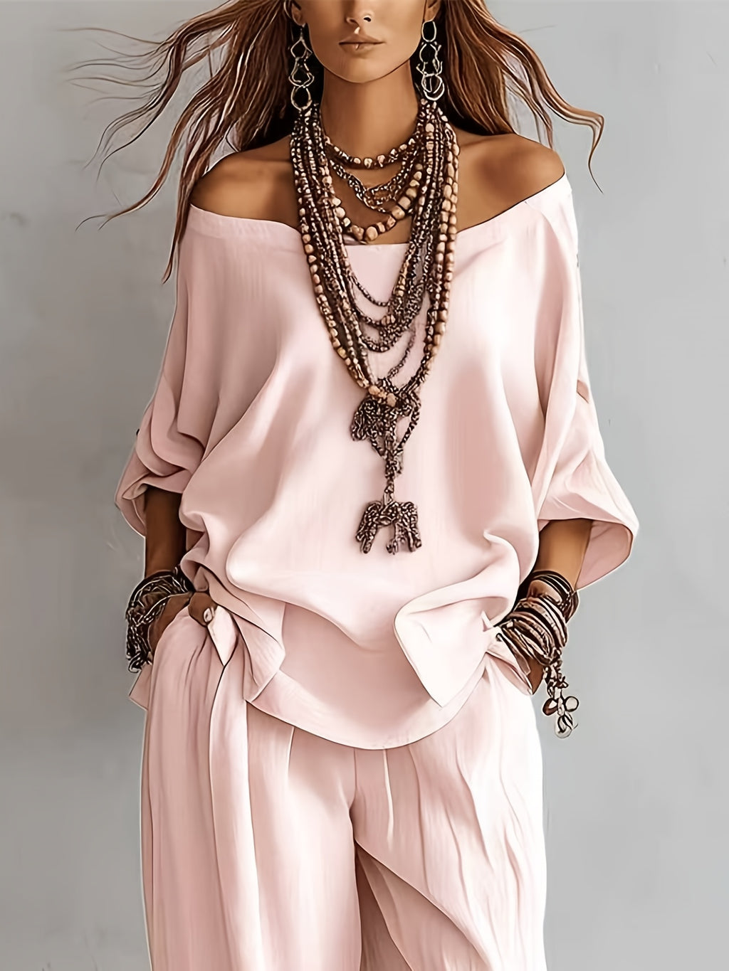 Conjunto Mujer Blusa de Hombros Descubiertos y Pantalón Amplio Estilo Boho Chic para Verano y Vacaciones