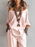 Conjunto Mujer Blusa de Hombros Descubiertos y Pantalón Amplio Estilo Boho Chic para Verano y Vacaciones