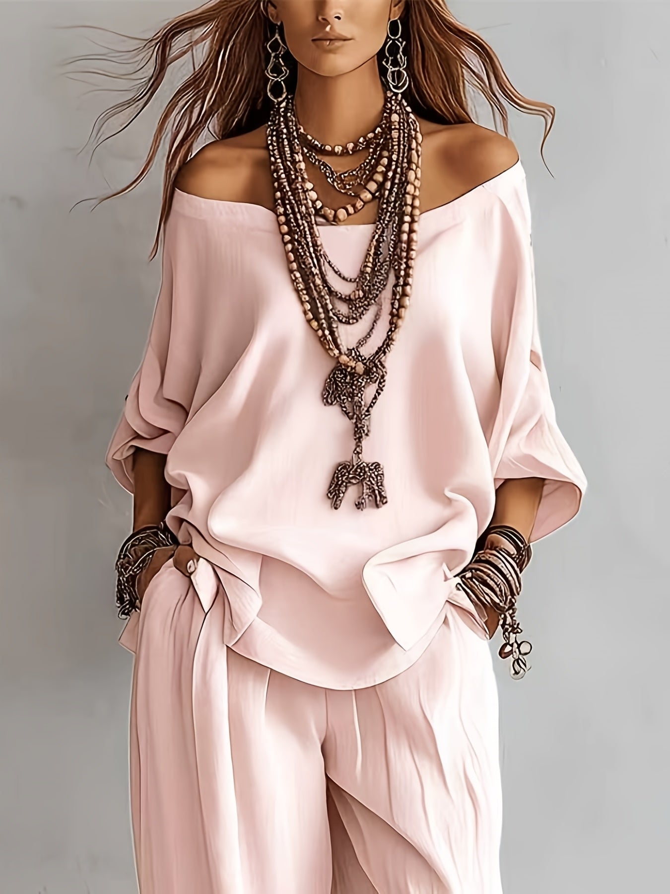 Conjunto Mujer Blusa de Hombros Descubiertos y Pantalón Amplio Estilo Boho Chic para Verano y Vacaciones