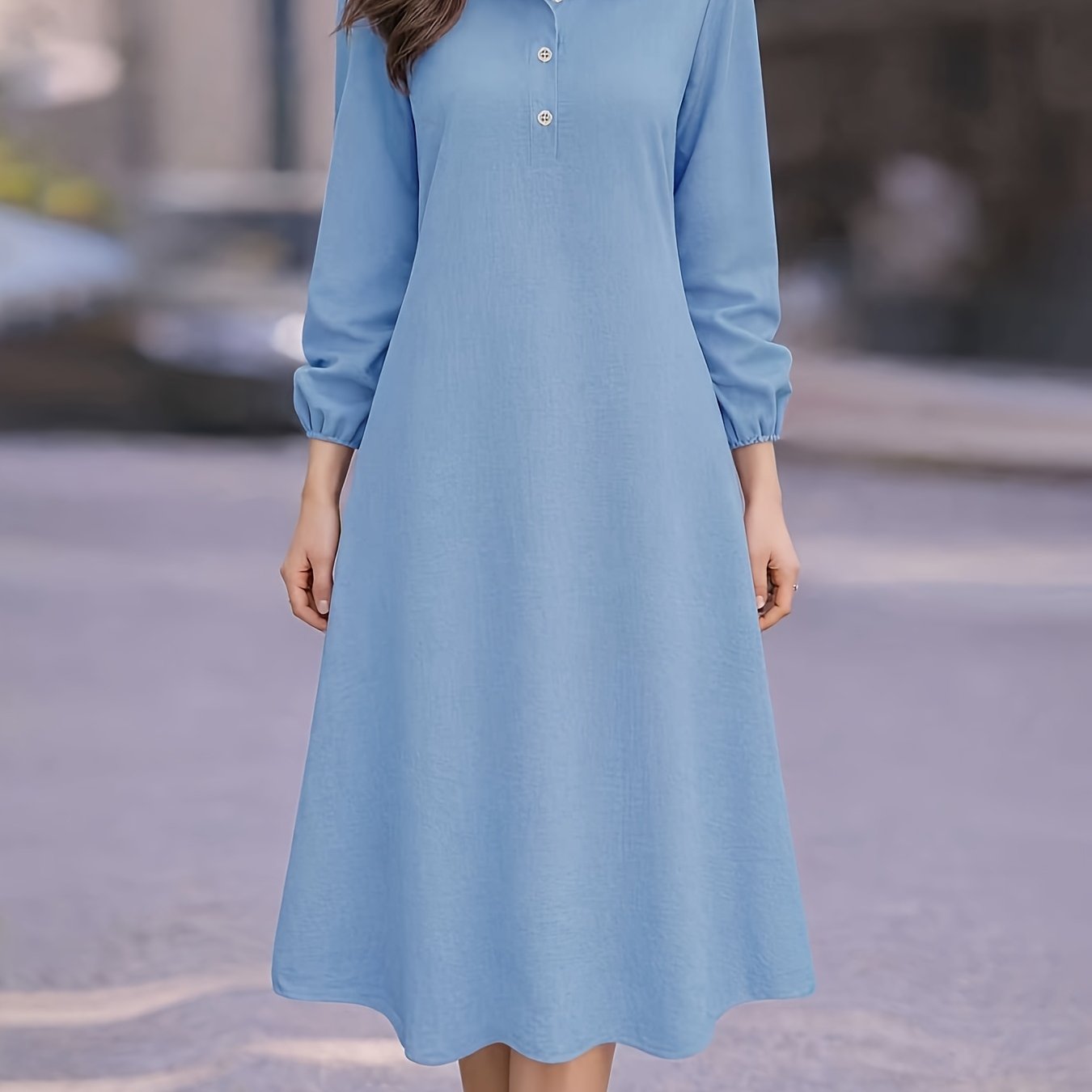 Vestido Midi Camisero Manga Larga Elegante para Oficina y Uso Casual