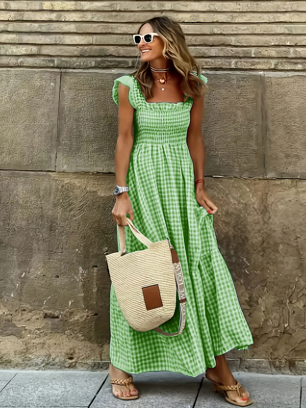 Vestido Maxi Casual Boho Chic con Escote Cuadrado y Falda Fluida Mujer