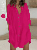 Vestido casual de mujer 100% con cuello y botones, camisa de primavera verano para trabajo diario, fácil, color liso, manga 3/4, vestido corto