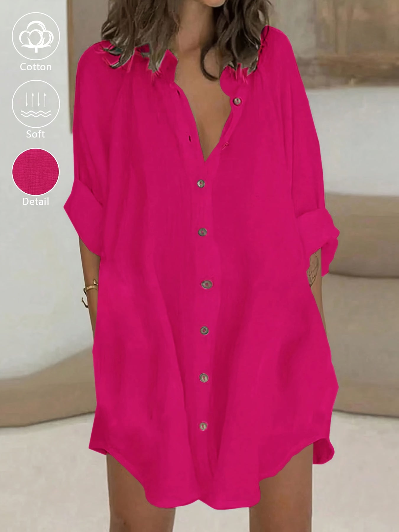 Vestido casual de mujer 100% con cuello y botones, camisa de primavera verano para trabajo diario, fácil, color liso, manga 3/4, vestido corto