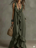 Vestido Maxi Negro Volantes Escote V Profundo Sin Manga Boho Chic Playa Noche Mujer Elegante