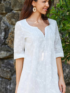 Vestido Midi Blanco Flores Bordadas Manga 3/4 Escote en V Romántico Casual con Bolsillos para Mujer