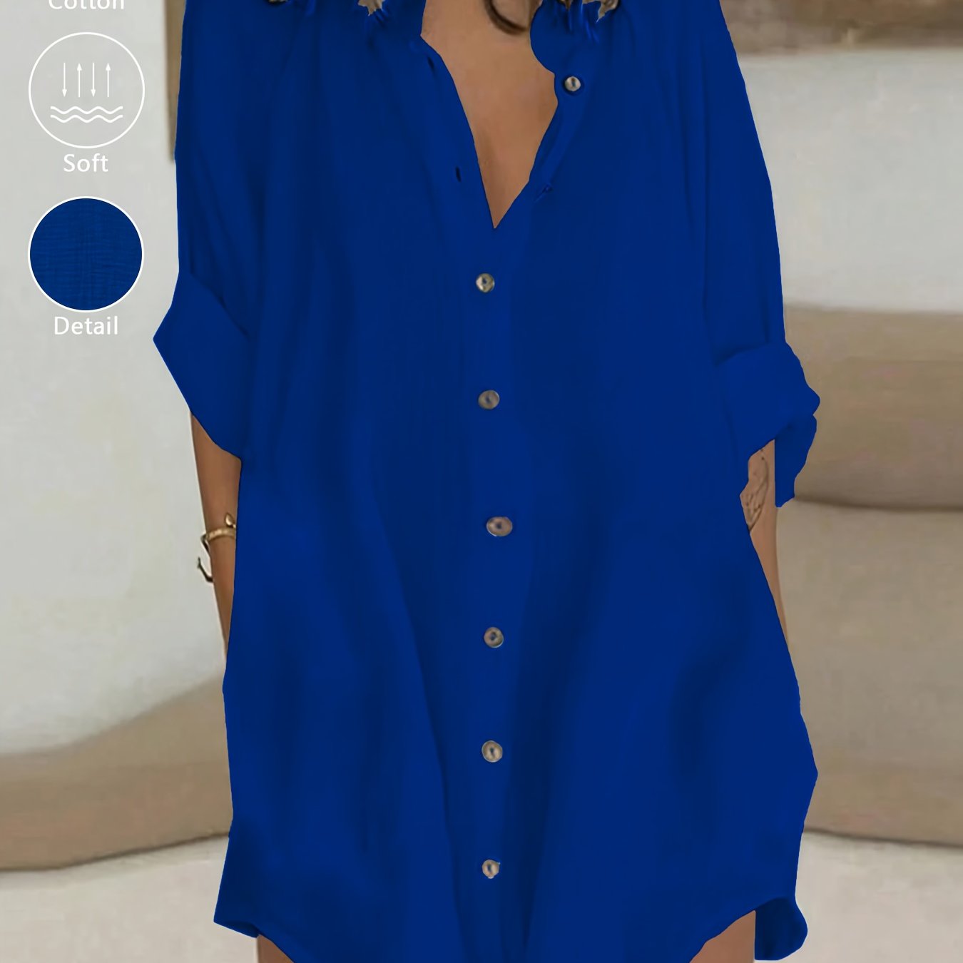 Vestido Corto Camisero Blanco Oversized con Botones Escote V Manga Larga para Playa, Verano y Vacaciones