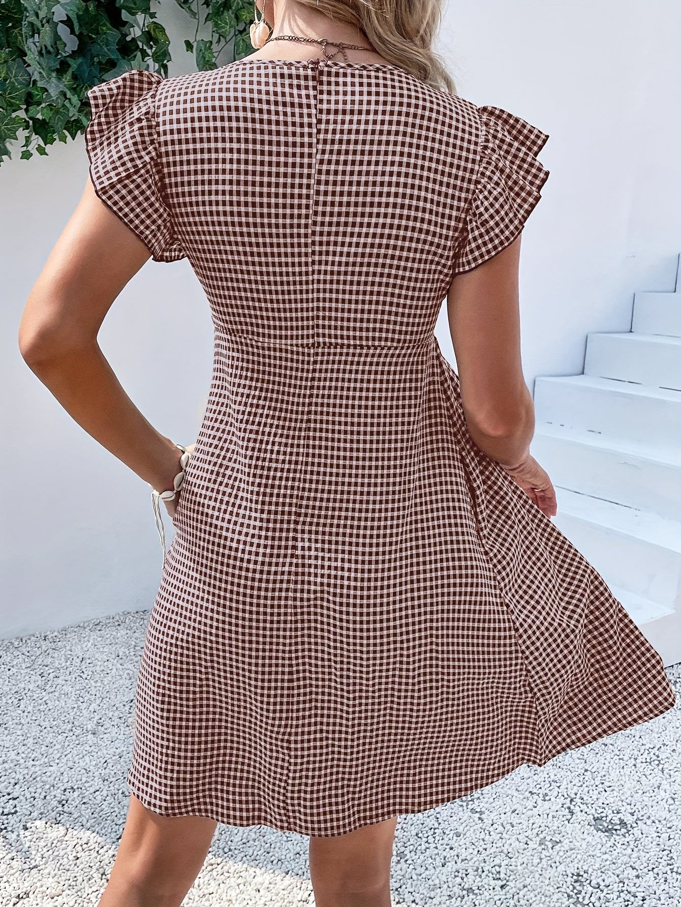 Vestido de Mujer, Vestido Corto con Cuello Cuadrado y Diseño de Cubierta a Cuadros para Vacaciones y Playa