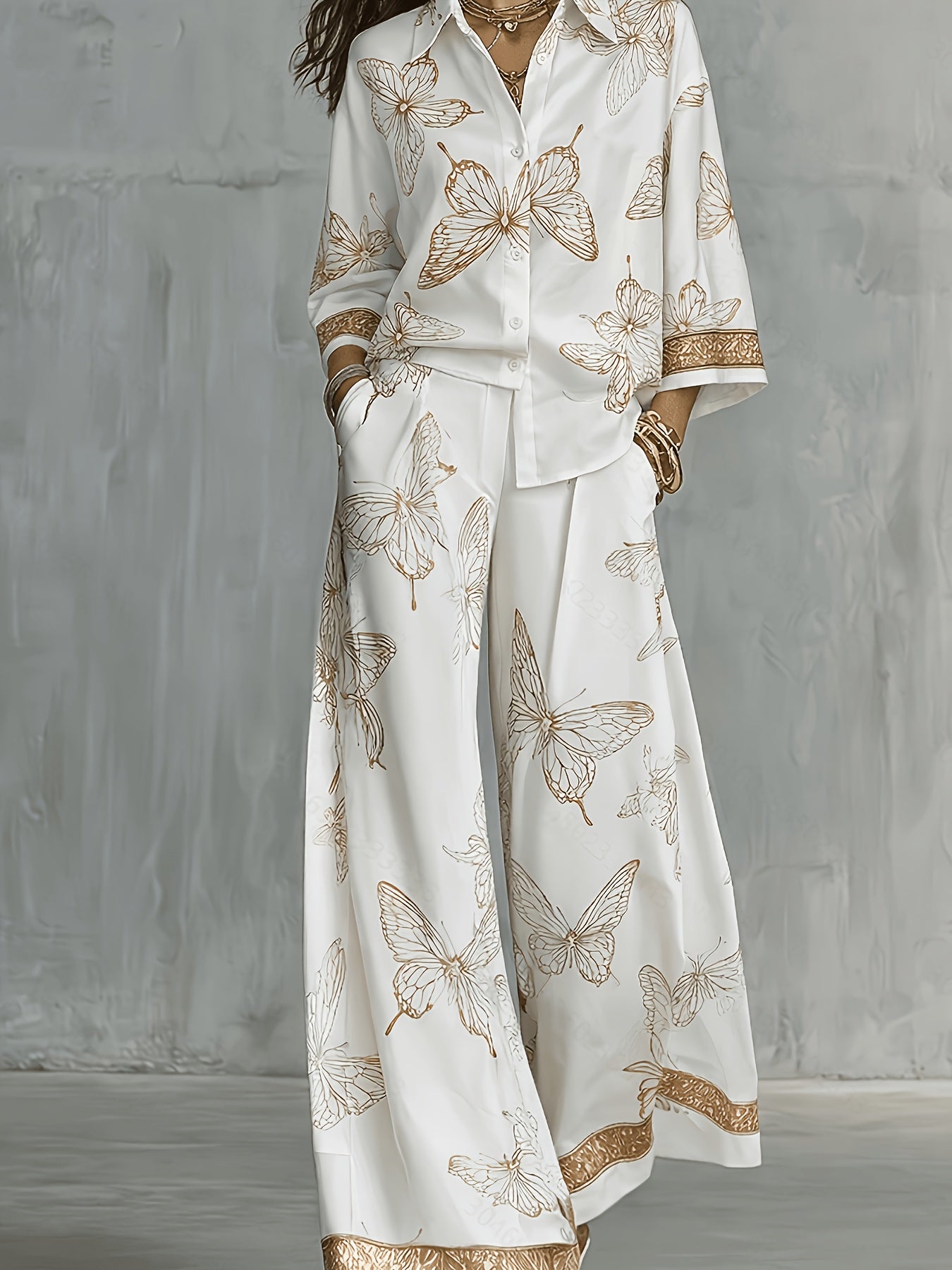 Conjunto Mujer Camisa Estampada y Pantalón Palazzo con Mariposas Casual Elegante para Vacaciones y Verano
