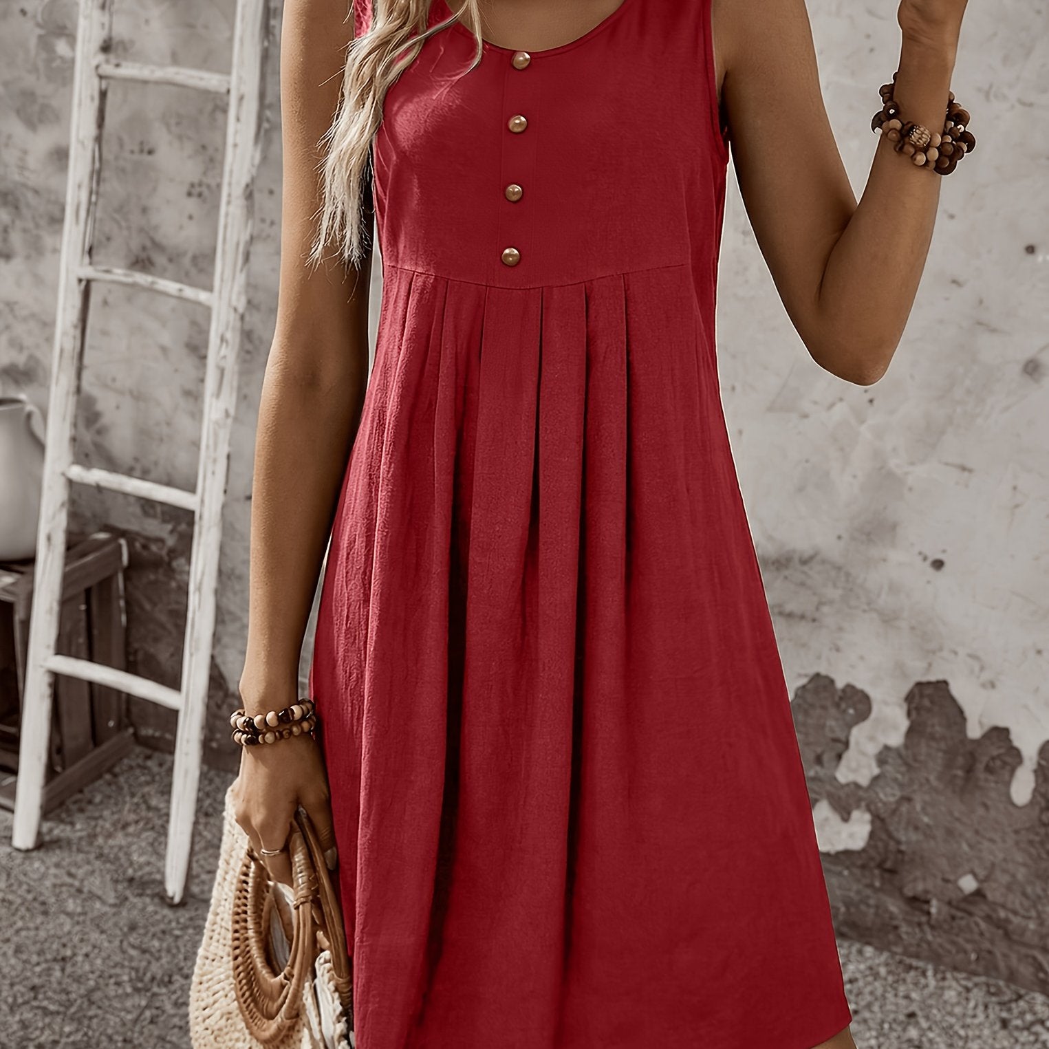Vestido Corto Sin Mangas Rosa Casual de Verano con Botones Decorativos Corte Suelto A-Line