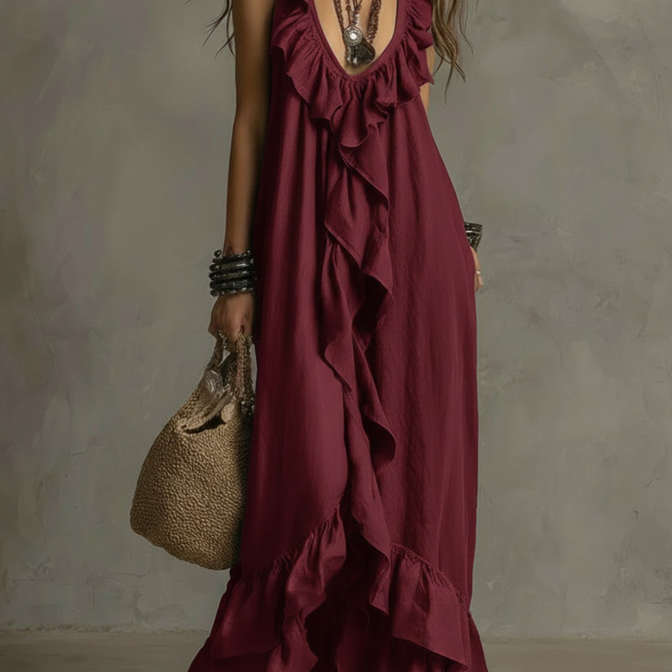 Vestido Maxi Negro Volantes Escote V Profundo Sin Manga Boho Chic Playa Noche Mujer Elegante