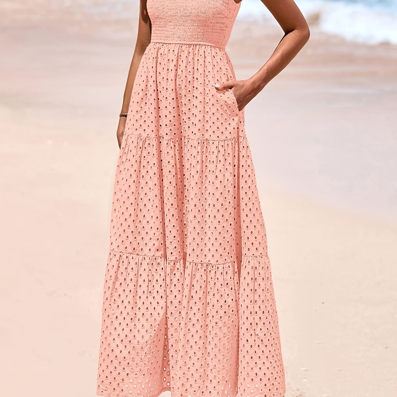 Elegante Vestido Midi de Verano para Mujer con Cuello Cuadrado, Manga Abullonada, Detalles de Encaje y Falda en A con Capas y Bolsillos - Color Sólido, Diseño Fluido Adecuado para Ocasiones Casuales o Formales, Vestido Largo Fluido sin Mangas