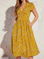 Vestido Elegante de Manga Corta con Estampado Floral y Cintura Ajustada en la Cadera, Modelo A-Line