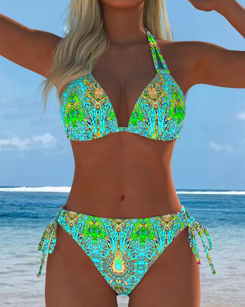Bikini Mujer Estampado Psicodélico con Top Triángulo y Lazos Ajustables para Playa Verano