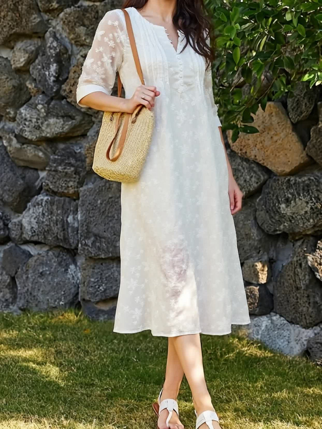 Vestido Midi Blanco Flores Bordadas Manga 3/4 Escote en V Romántico Casual con Bolsillos para Mujer