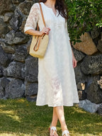 Vestido Midi Blanco Flores Bordadas Manga 3/4 Escote en V Romántico Casual con Bolsillos para Mujer