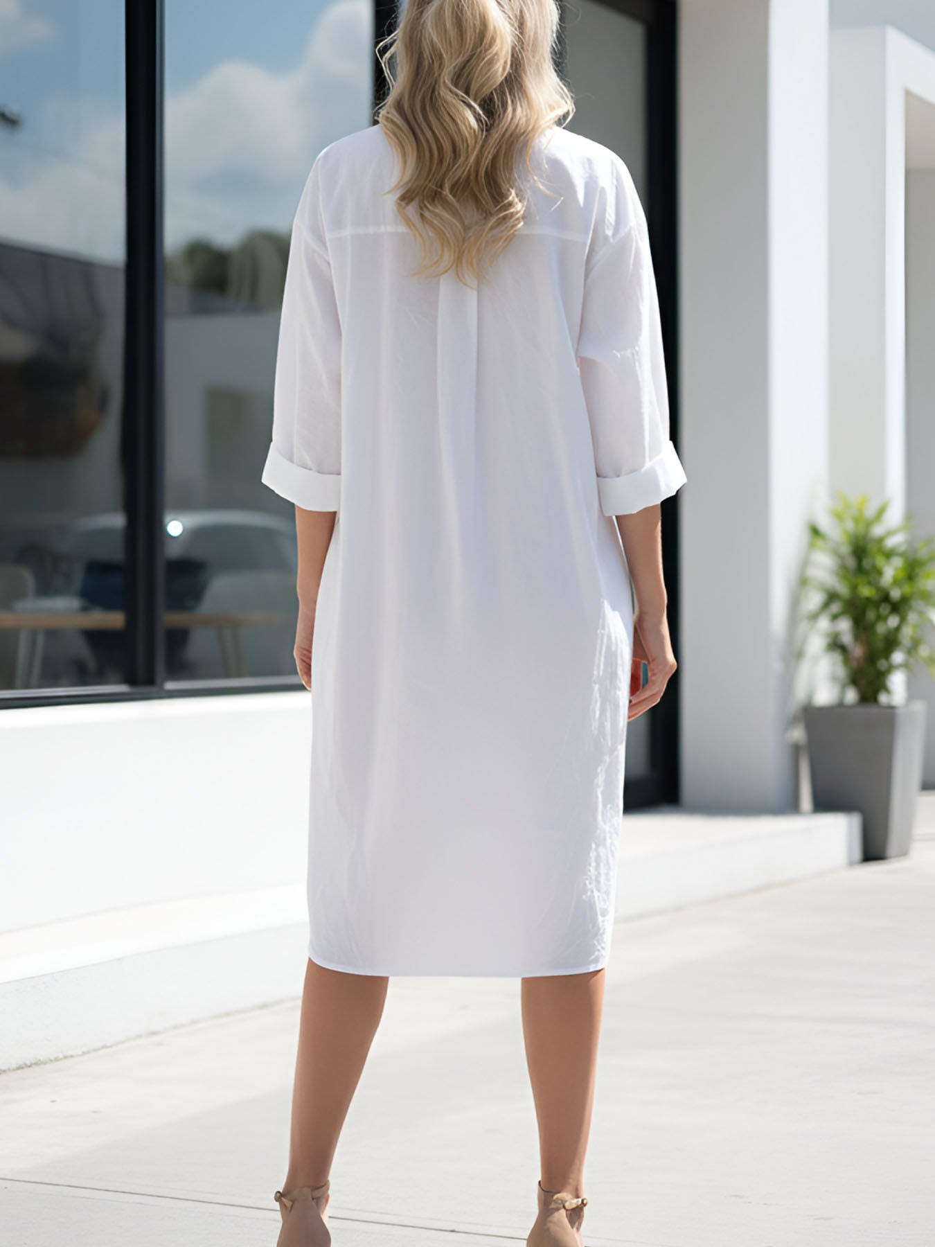 MANAIXUAN Vestido elegante para mujer 100% con cuello en V y botones al frente - Vestido midi de corte recto con mangas de tres cuartos, ajuste holgado y cuello con botones, adecuado para desplazamientos casuales, oficina y uso diario, vestido de color li