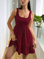 Vestido Corto Casual Sin Mangas Vino Corte Babydoll con Volante Ligero para Mujer