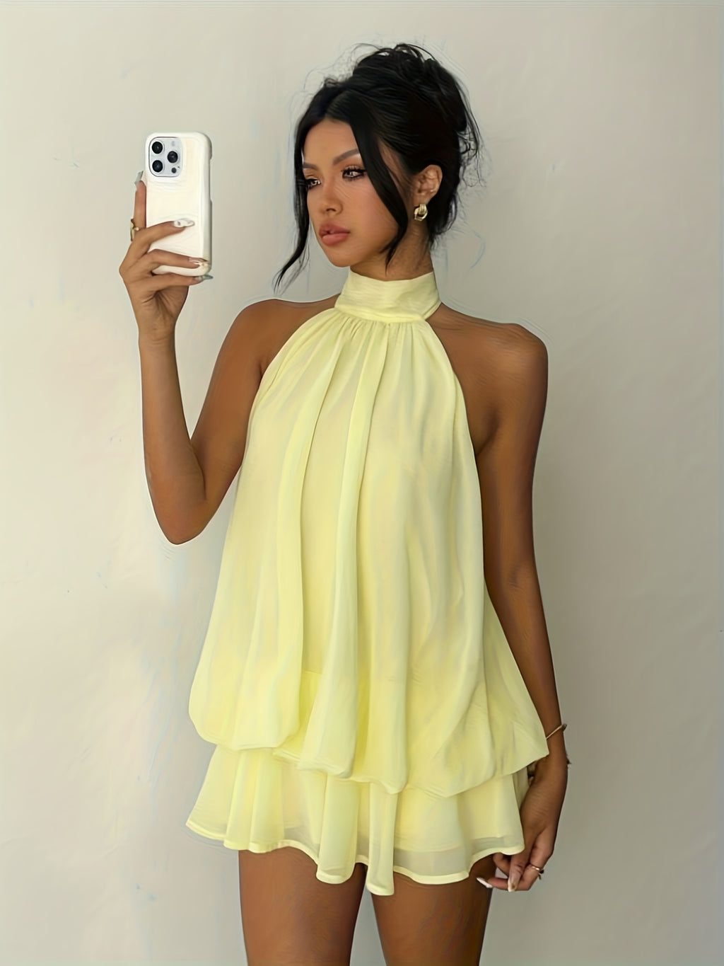Nuevo Vestido Irregular Multicapa para Mujer de Color Sólido con Cuello Halter Anudado y Cuello Alto Pequeño, Moderno y Elegante para Ir al Trabajo, Salir, Citas, Fiestas, Tendencias Urbanas, Té Casual de la Tarde, Ropa Diaria, Falda Corta, Vestido de Dam