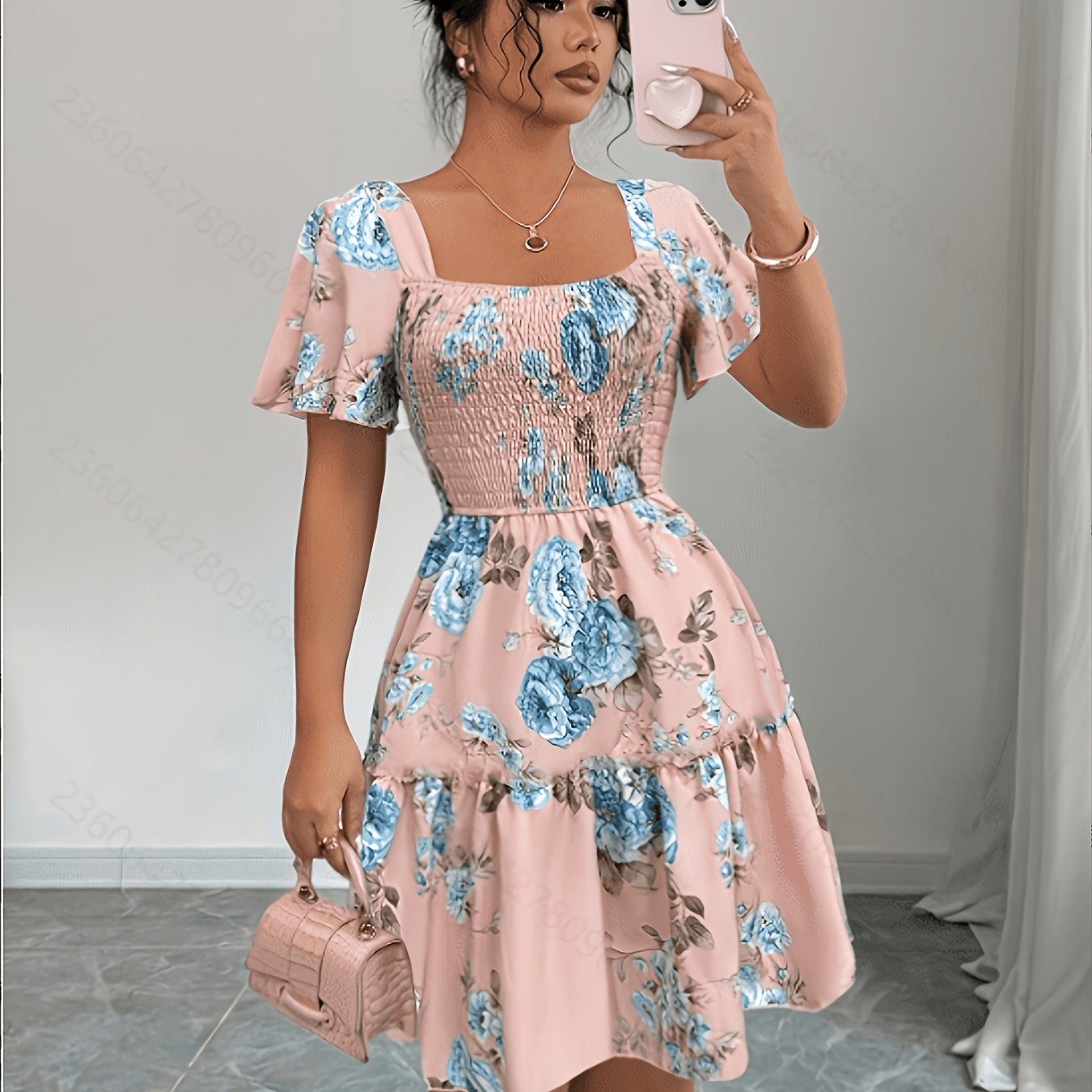 Vestido corto floral para mujer con cintura elástica, mangas sueltas y escote cuadrado - Casual y elegante
