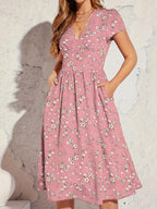 Vestido Elegante de Manga Corta con Estampado Floral y Cintura Ajustada en la Cadera, Modelo A-Line